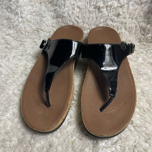 Fitflop patent leather Black cork wedge thong sandals side buckle size 11 - Picture 2 of 8